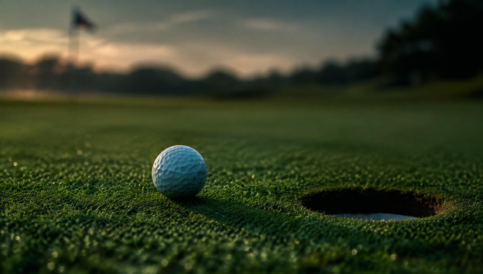 Golf ball resting beside the hole on a green